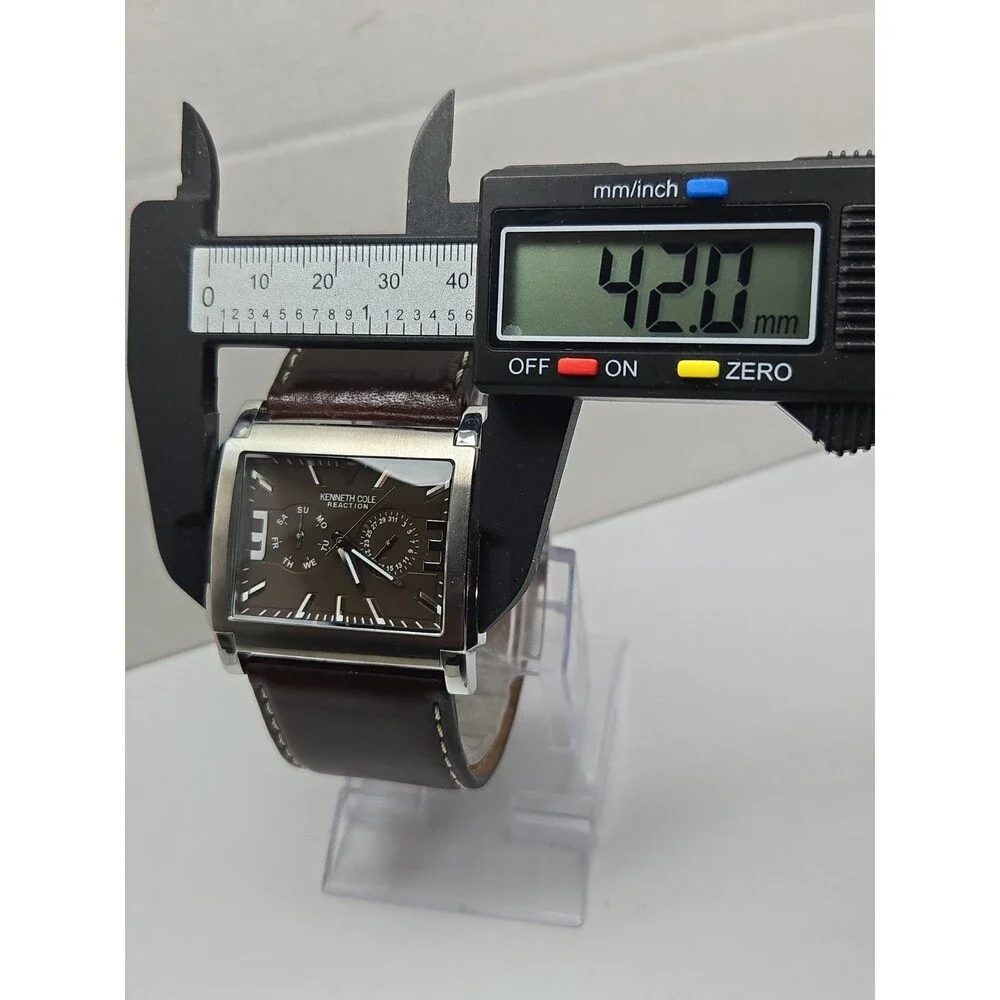 Kenneth Cole Reaction Mens Tank Brown Dial Date Leather Watch New Battery *READ